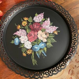 Vintage Tole Hand Painted Black Metal Tray Vibrant Flowers Signed RHTF